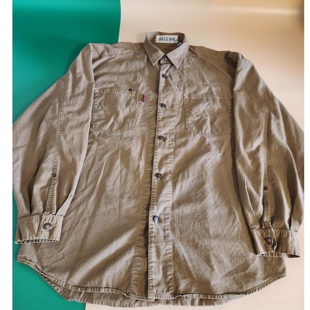 Bugle Boy Button Up Shirt Mens M Brown Cotton Canvas Long Sleeve Utility Relaxed